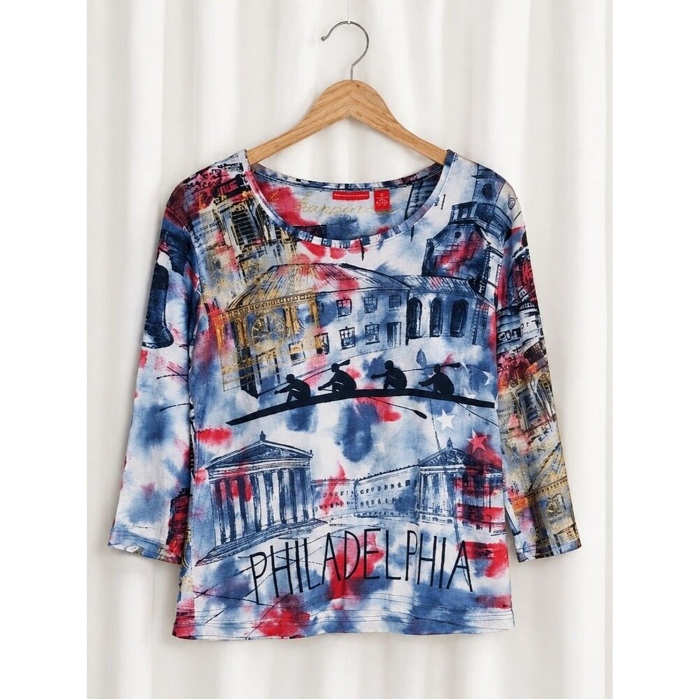 Gloria Vanderbilt Vintage Y2K Philadelphia Cityscape Streetwear Festival Blouse